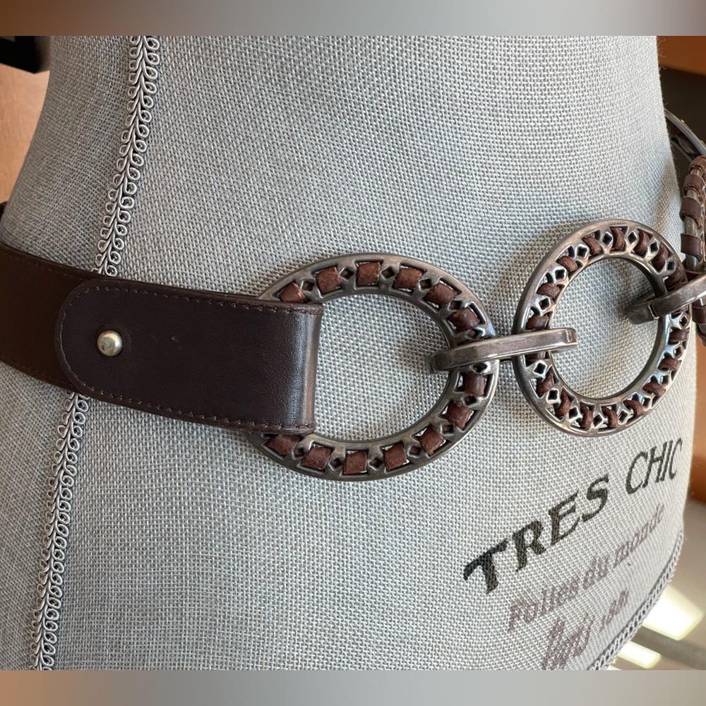 SUZI ROHER Dark Brown Leather Belt with Nickel Metal Ring Accents, Size 34-35"